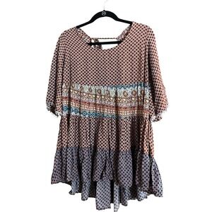 Umgee Women Boho Tiered Babydoll Tunic Top Rust Blue Geometric Floral Medium
